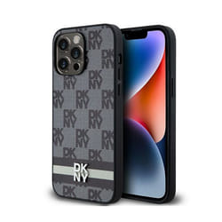 Coque pour smartphone - DKNY - iPhone 14 Pro Max - Cuir noir - Mono motif - Rayures imprimées