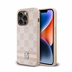 Coque pour smartphone - DKNY - iPhone 14 Pro - Cuir - Rose - Motif à carreaux et rayures