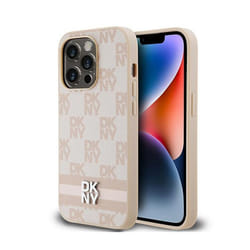 Coque pour smartphone - DKNY - iPhone 14 Pro - Cuir - Rose - Motif à carreaux et rayures