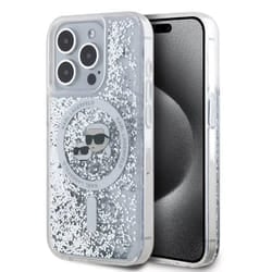 Coque pour iPhone 15 Pro - KARL LAGERFELD - Tête Karl&Choupette - Transparent - Liquid Glitter - Souple