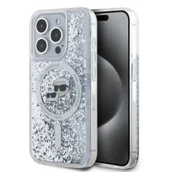 Coque pour iPhone 15 Pro Max - KARL LAGERFELD - Liquid Glitter - Transparent - Tête Karl&Choupette - Souple