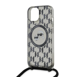 Karl Lagerfeld Coque MagSafe iPhone 15 avec Bandoulière IML Monogram Crossbody Élégant Noir transparent