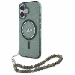 Coque Guess IML Glitter avec bracelet en perles MagSafe pour iPhone 16 Plus (verte)