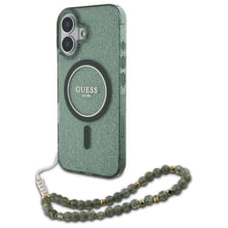 Coque Guess IML Glitter avec bracelet en perles MagSafe pour iPhone 16 Plus (verte)