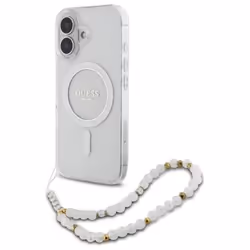 Coque Guess IML Glitter avec bracelet nacré MagSafe pour iPhone 16 Plus (transparente)