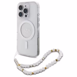 Coque Guess IML Glitter avec bracelet en perles MagSafe pour iPhone 16 Pro (transparente)