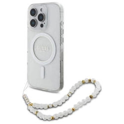 Coque Guess IML Glitter avec bracelet en perles MagSafe pour iPhone 16 Pro (transparente)