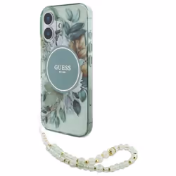 Coque Guess IML Flowers avec bracelet en perles MagSafe pour iPhone 16 Plus (verte)