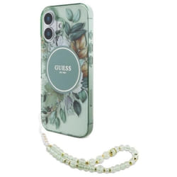 Coque Guess IML Flowers avec bracelet en perles MagSafe pour iPhone 16 Plus (verte)