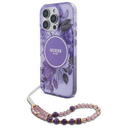 Coque Guess IML Flowers avec bracelet en perles MagSafe pour iPhone 16 Pro Max (Violet)