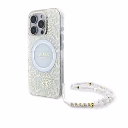 Coque Guess IML Flowers Allover Electro avec bracelet en perles MagSafe pour iPhone 16 Pro (blanc)