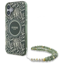 Coque Guess IML Flowers Allover Electro avec bracelet en perles MagSafe pour iPhone 16 Plus (verte)