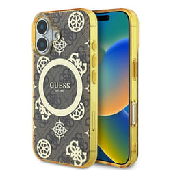 Coque pour iPhone 16 - Guess IML Pivoine sur fond 4G MagSafe (GUHMP16SH4PYEEW) - Marron