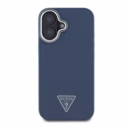 Coque pour iPhone 16 Antichocs à Effet Grainé avec Logo Triangulaire Guess Bleu