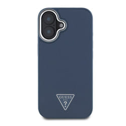 Coque pour iPhone 16 Antichocs à Effet Grainé avec Logo Triangulaire Guess Bleu