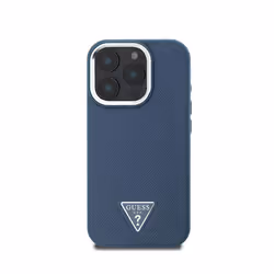 Coque pour iPhone 16 Pro en Texture Grainé avec Logo Triangulaire Guess Bleu