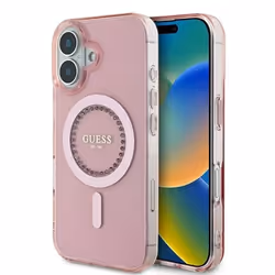 Coque Guess IML Strass MagSafe pour iPhone 16 (Rose)