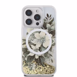 Coque pour iPhone 16 Pro Max - Guess Liquid Glitter Flower MagSafe (GUHMP16XLFMWWTE) - Beige