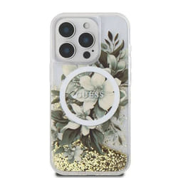 Coque pour iPhone 16 Pro Max - Guess Liquid Glitter Flower MagSafe (GUHMP16XLFMWWTE) - Beige