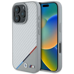 Coque pour iPhone 16 Pro - BMW Cuir M Carbon Tricolor Line MagSafe (BMHMP16L23PUDTS) - Gris