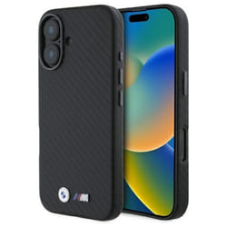 Coque pour iPhone 16 - BMW - Cuir Carbone Wrapped Metal - Noir - Rigide - Mixte