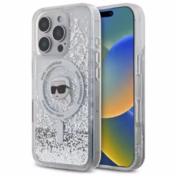 Coque pour iPhone 16 Pro - Karl Lagerfeld Liquid Glitter MagSafe (KLHMP16LLLLGKISGH) - Tête de Karl transparente