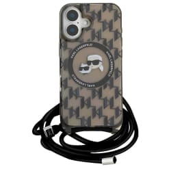 Karl Lagerfeld Coque MagSafe pour iPhone 16 avec Cordon Ajustable Rigide Noir transparent