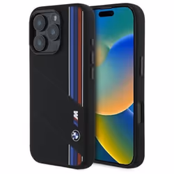 Coque en silicone - BMW - M Series - MagSafe - iPhone 16 Pro Max - Noir avec accents tricolores