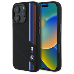 Coque en silicone - BMW - M Series - MagSafe - iPhone 16 Pro Max - Noir avec accents tricolores