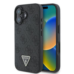 Coque pour iPhone 16 - Guess Cuir 4G Triangle Strass Triangle (GUHCP16SP4TDPK) - Noir