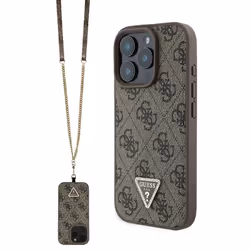 Coque pour iPhone 16 Pro - Guess Cuir Logo Métal Logo Métal Strass Bandoulière (GUHCP16LP4TDSCPW) - Marron