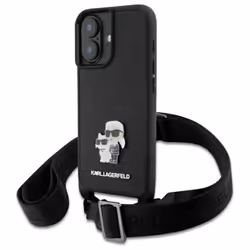 Coque pour iPhone 16 Karl Lagerfeld Saffiano Karl & Choupette avec épingle en métal et sangle CBDY (noir)