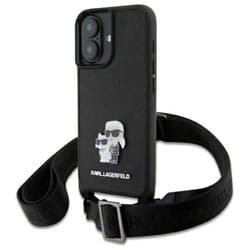 Coque pour iPhone 16 Karl Lagerfeld Saffiano Karl & Choupette avec épingle en métal et sangle CBDY (noir)