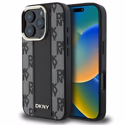 Coque pour téléphone - DKNY - iPhone 16 Pro Max - Cuir - Motif Checkered - Noir