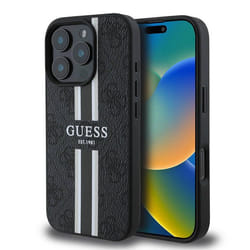 Coque pour iPhone 16 Pro Max - Guess Hardcase 4G Rayures Imprimées MagSafe (GUHMP16XP4RPSK) - Noir