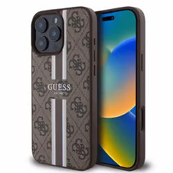 Coque pour iPhone 16 Pro Max - Guess Hardcase 4G Rayures Imprimées MagSafe (GUHMP16XP4RPSW) - Marron