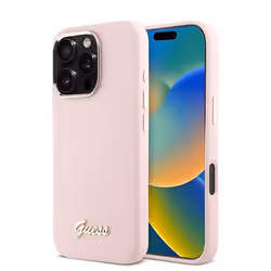 Coque pour iPhone 16 Pro - Guess Silicone Script Metal Logo & Frame (GUHCP16LSMBSLP) - Pink