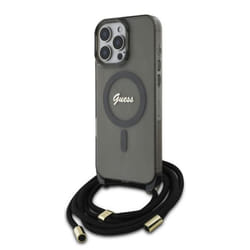 Coque pour iPhone 16 Pro - Guess IML Crossbody Cord Cord Script MagSafe (GUHMP16LHCTSGNSK) - Noir