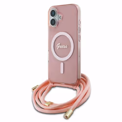 Coque pour iPhone 16 - Guess IML Crossbody Cord Cord Script MagSafe (GUHMP16SHCTSGNSP) - Pink