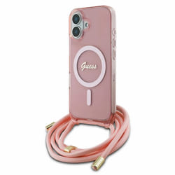 Coque pour iPhone 16 - Guess IML Crossbody Cord Cord Script MagSafe (GUHMP16SHCTSGNSP) - Pink