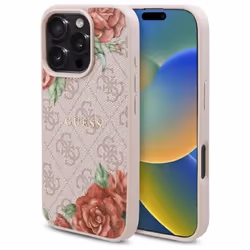 Coque pour iPhone 16 Pro Max - Guess Hardcase 4G Flower Print Flower Print MagSafe (GUHMP16XP4ROPEMCP) - Rose