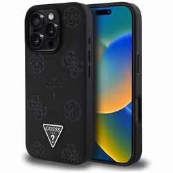 Coque Guess Grained Hot Stamp Peony Triangle Logo MagSafe pour iPhone 16 Pro Max (noir)