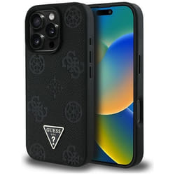 Coque Guess Grained Hot Stamp Peony Triangle Logo MagSafe pour iPhone 16 Pro Max (noir)