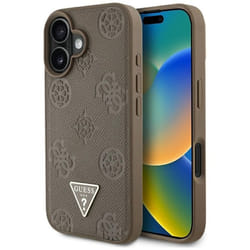 Coque Guess Grained Hot Stamp Peony Triangle Logo MagSafe pour iPhone 16 (marron)