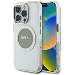 Coque Guess IML Metal Colored Circle Classic Logo MagSafe pour iPhone 16 Pro Max (gris)