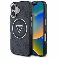 Coque Guess IML Metal Glitter 4G Circle Triangle MagSafe pour iPhone 16 (noir)