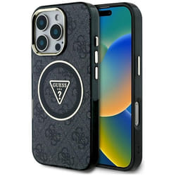 Coque Guess IML Metal Glitter 4G Circle Triangle MagSafe pour iPhone 16 Pro Max (noir)