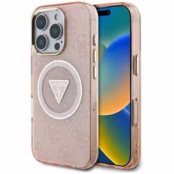 Coque Guess IML Metal Glitter 4G Circle Triangle MagSafe pour iPhone 16 Pro (rose)