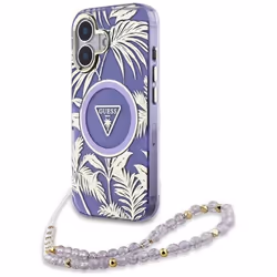 Coque Guess Palm Trees Triangle Pearl Strap MagSafe pour iPhone 16 (violet)