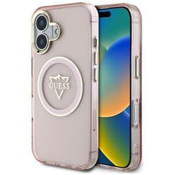 Coque Guess IML Metal Mountain Logo MagSafe pour iPhone 16 (rose)